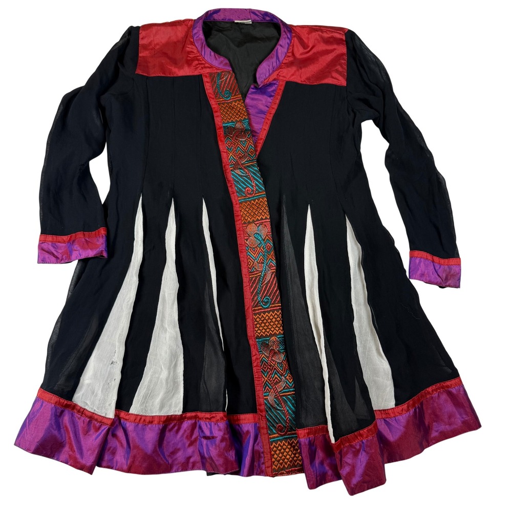 RAV-E Women XL Boho Chiffon Pleated Tunic Top Embroidered Trim Black Multi Color